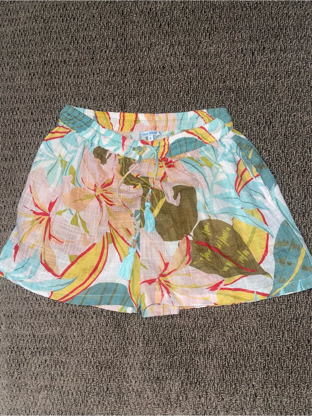 blue island Tropical Floral Tie-Front Shorts in Aqua & Yellow